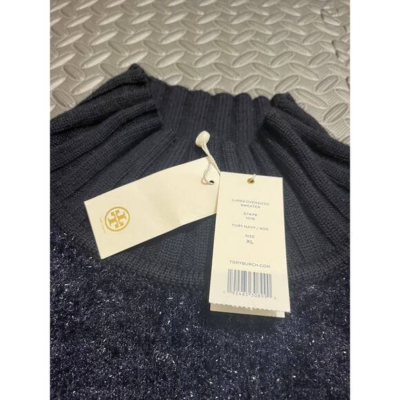 NEW Tory Burch Oversized Lurex Sweater in Navy Mock Neck Turtleneck Size XL - Picture 3 of 9